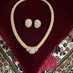 Vintage Christian Dior Gold Mesh Rhinestone Snap Clasp Choker & Post Earrings